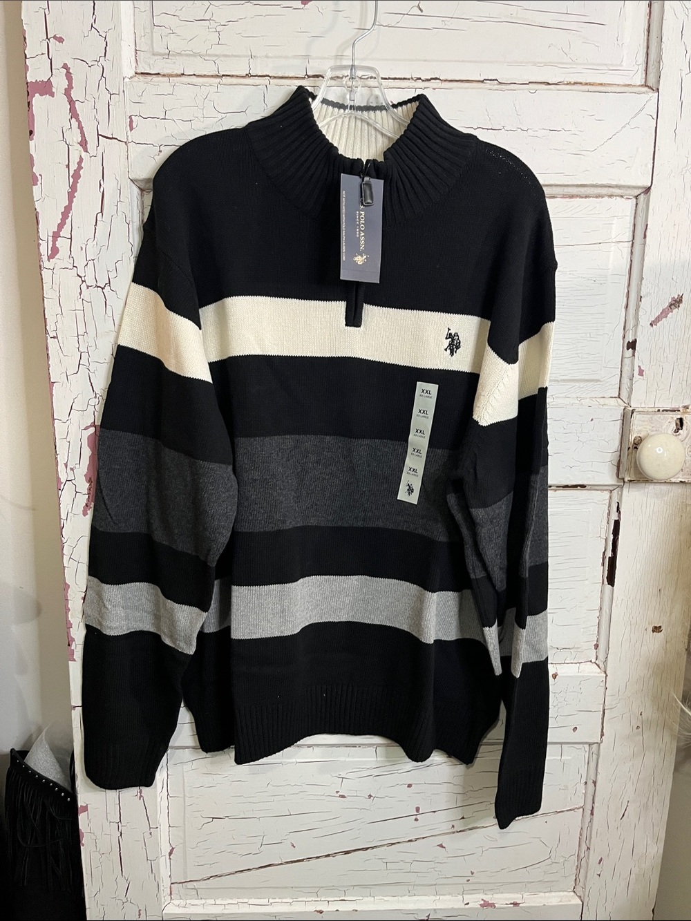 NWT U.S. Polo Assn. Men's Black, Gray & Cream Striped Zip Sweater MSRP $70